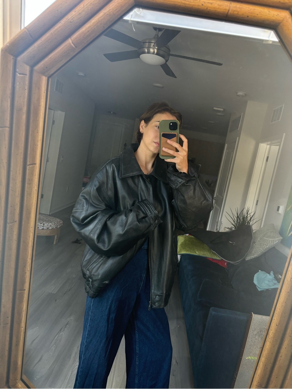 Vintage Women's Black Oversized Leather Bomber Jacket